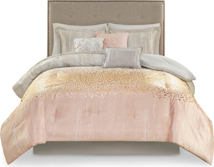 Olliix.com Comforters & Blankets - Midnight King Garden 7 Piece Metallic Glam & Luxury Print Comforter Set Blush