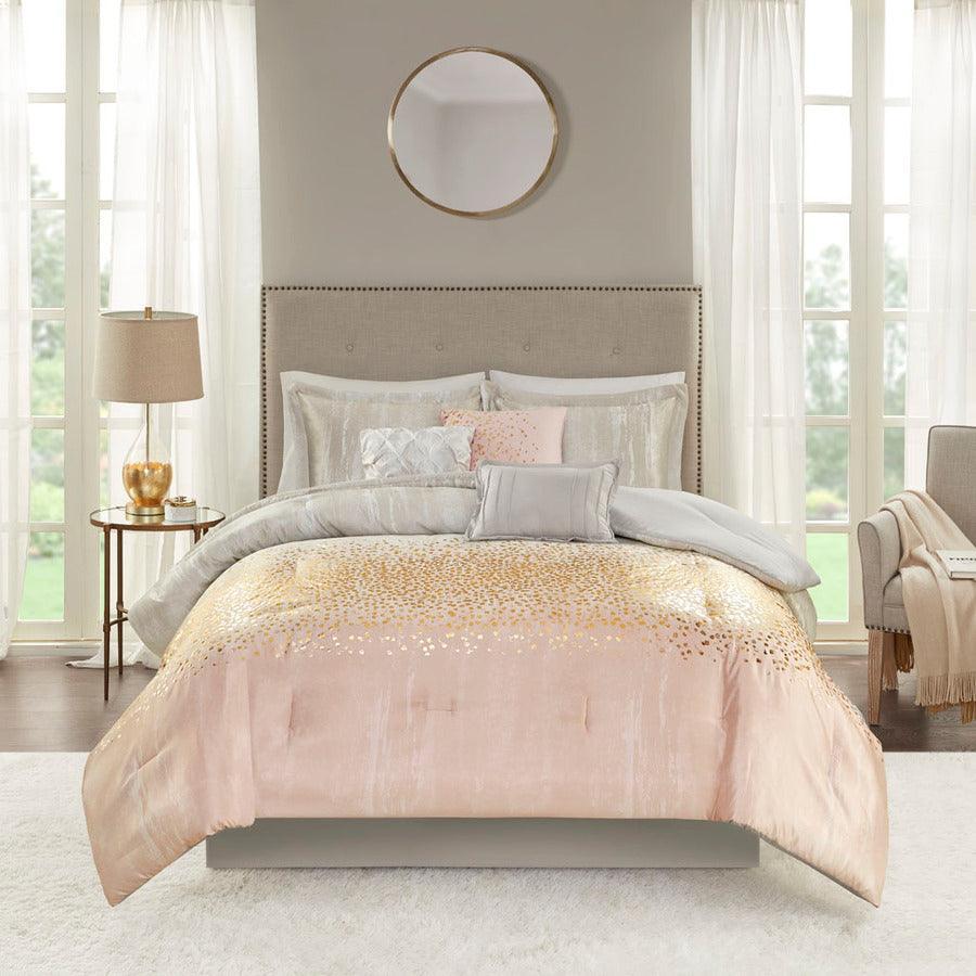 Olliix.com Comforters & Blankets - Midnight King Garden 7 Piece Metallic Glam & Luxury Print Comforter Set Blush