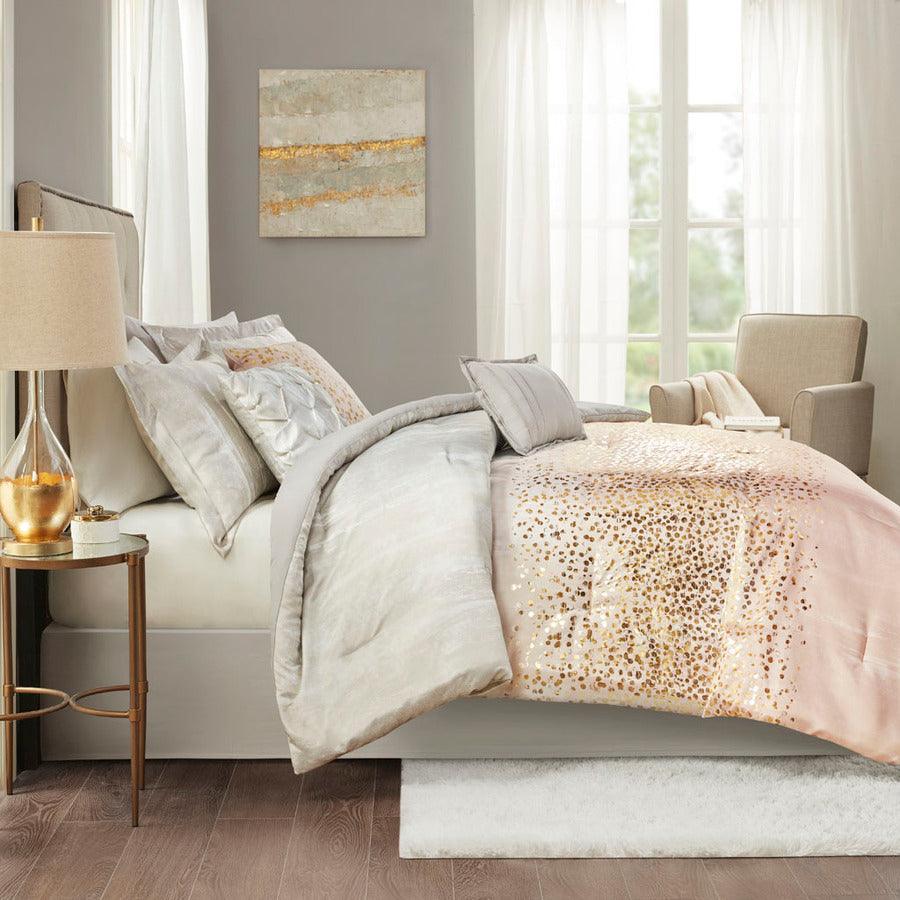Olliix.com Comforters & Blankets - Midnight King Garden 7 Piece Metallic Glam & Luxury Print Comforter Set Blush
