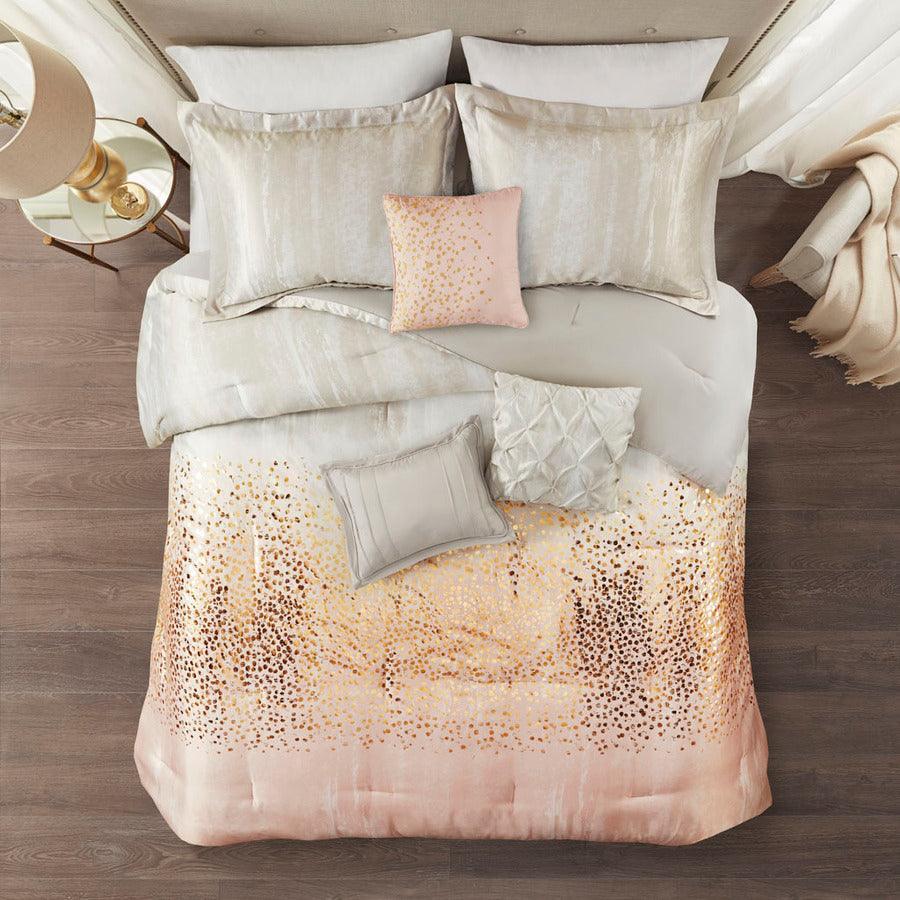 Olliix.com Comforters & Blankets - Midnight King Garden 7 Piece Metallic Glam & Luxury Print Comforter Set Blush