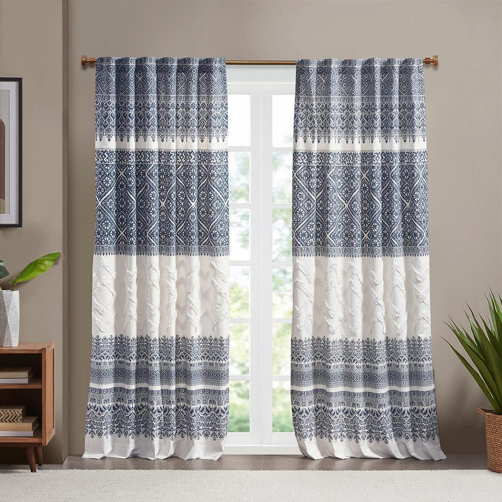 Olliix.com Curtains - Mila 84" Cotton Printed Window Panel with Chenille detail and Lining Navy