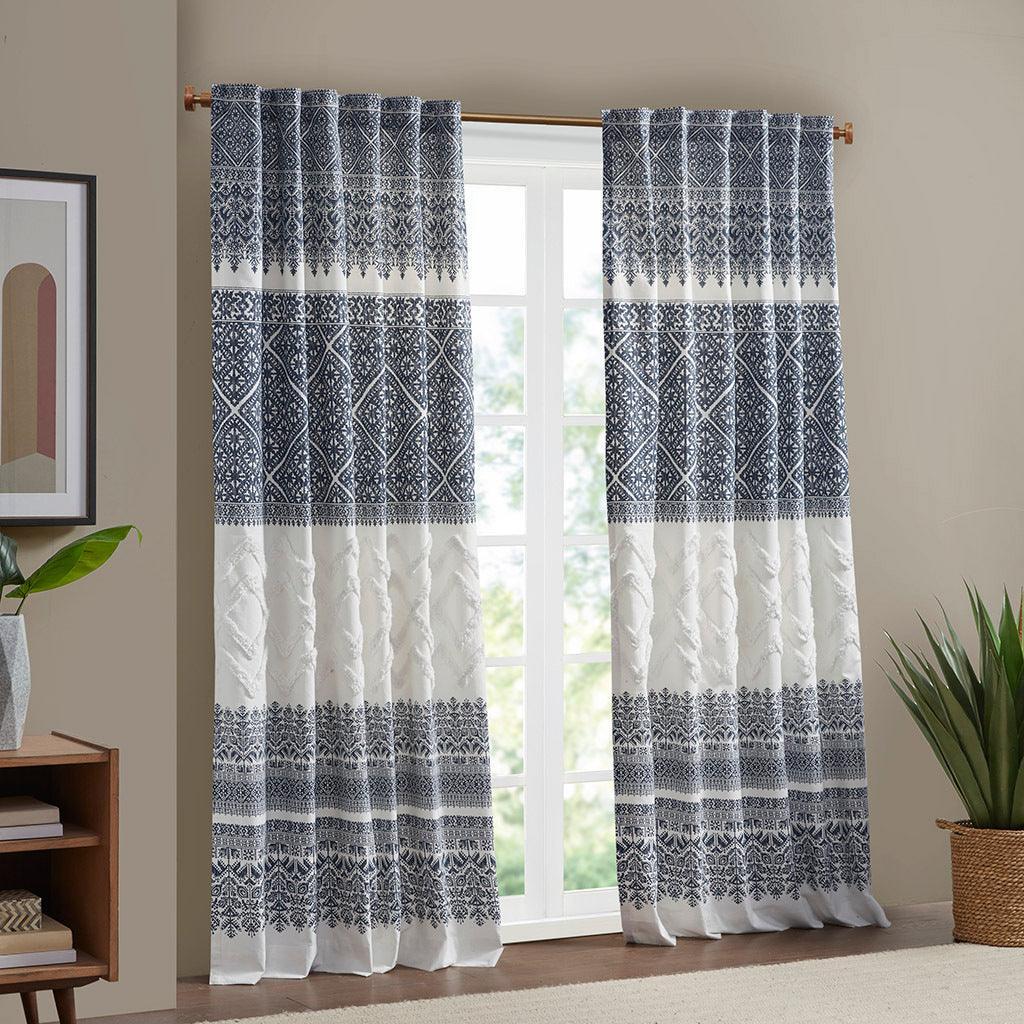 Olliix.com Curtains - Mila 84" Cotton Printed Window Panel with Chenille detail and Lining Navy