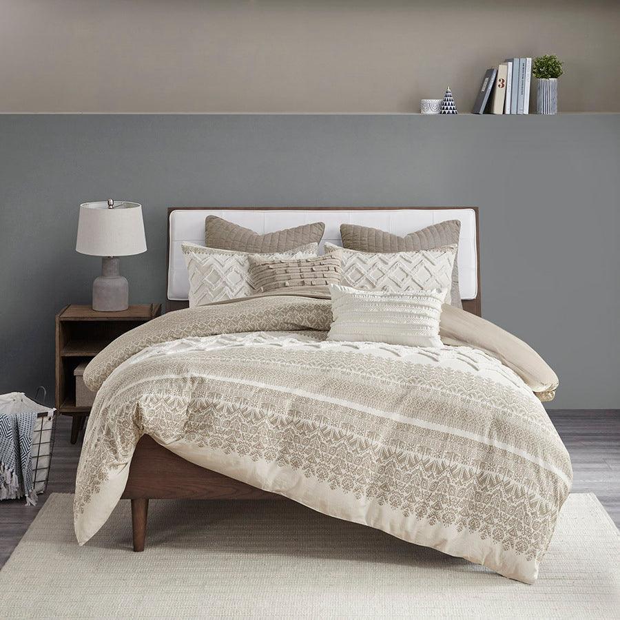 Olliix.com Comforters & Blankets - Mila Cotton Printed Comforter Set with Chenille Taupe Full/Queen
