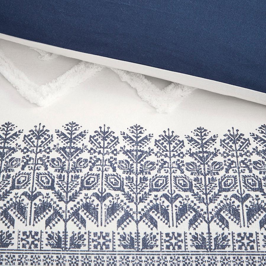 Olliix.com Duvet & Duvet Sets - Mila Full/Queen Cotton Printed Duvet Cover Set with Chenille Navy
