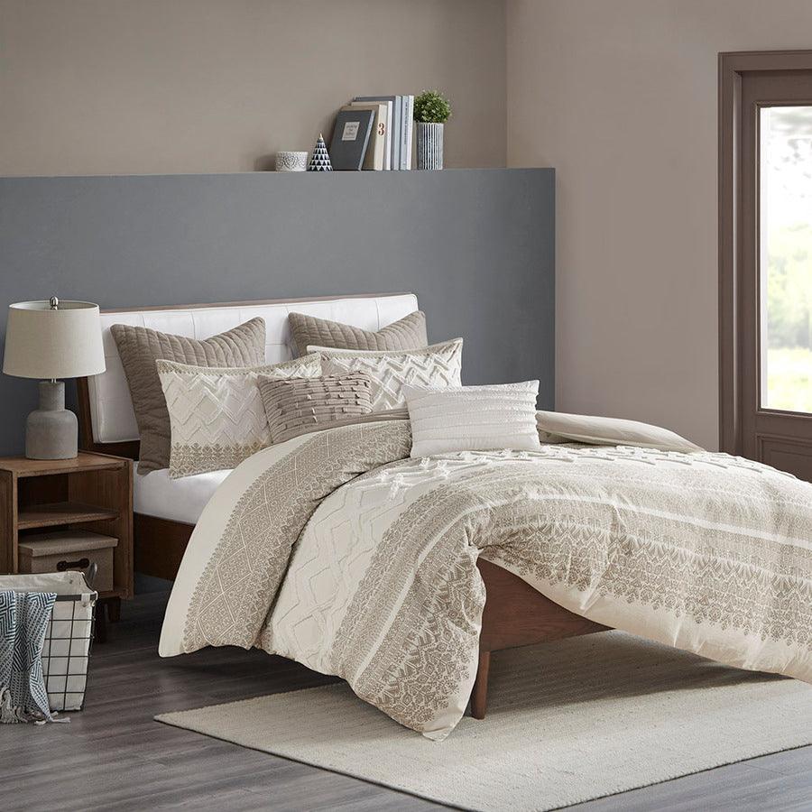 Olliix.com Duvet & Duvet Sets - Mila Full/Queen Cotton Printed Duvet Cover Set with Chenille Taupe