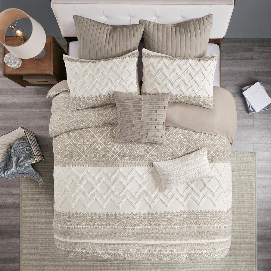 Olliix.com Duvet & Duvet Sets - Mila Full/Queen Cotton Printed Duvet Cover Set with Chenille Taupe