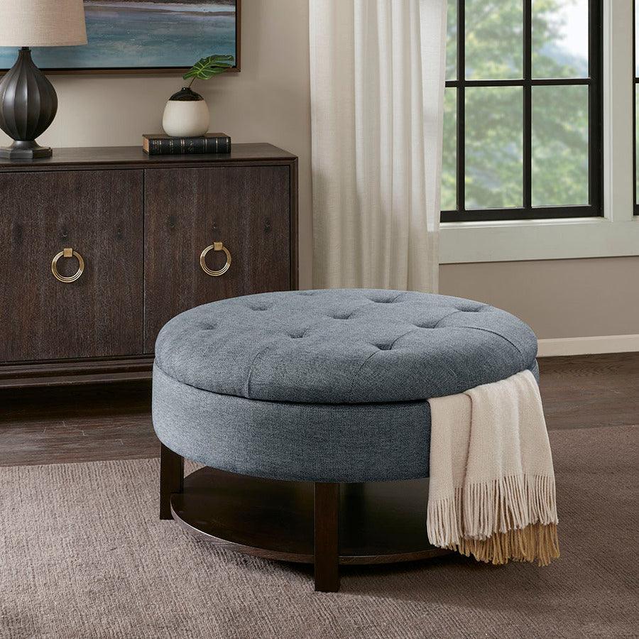 Olliix.com Ottomans & Stools - Miller Traditional Round Storage Ottoman DIA 36 x 20H" Denim & Morrocco