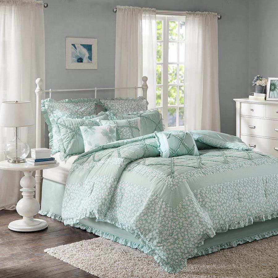 Olliix.com Comforters & Blankets - Mindy California King 9 Piece Cotton Cottage & Country Percale Comforter Set Seafoam