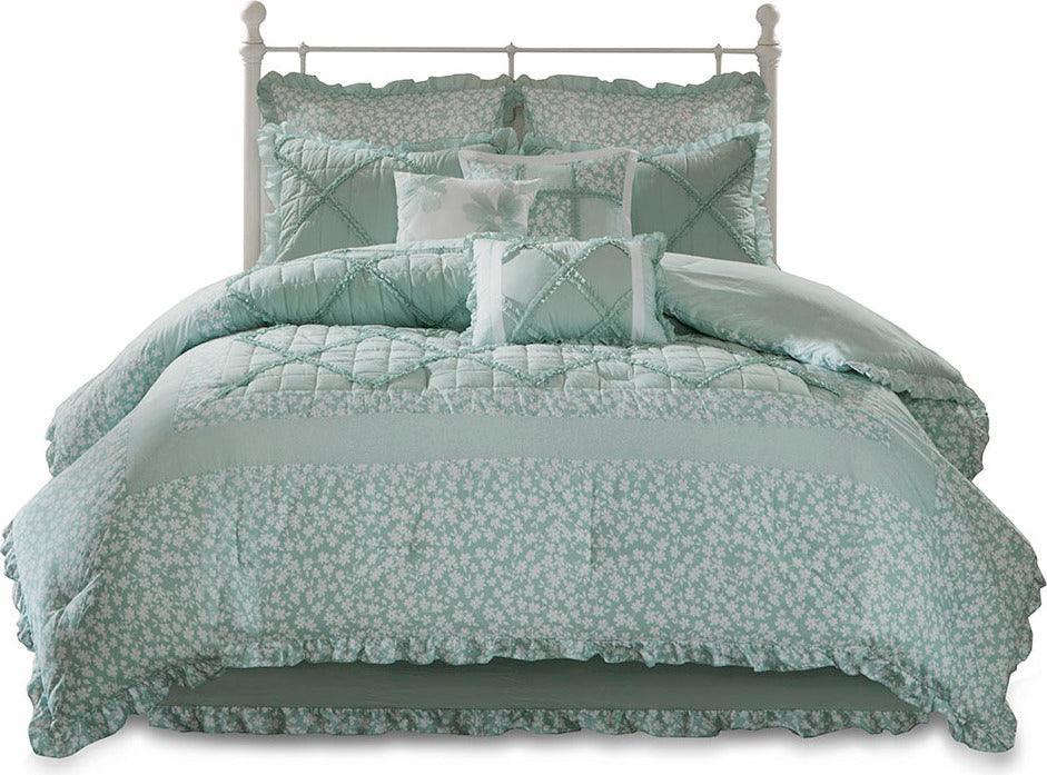 Olliix.com Comforters & Blankets - Mindy Queen 9 Piece Cotton Percale Comforter Set Seafoam