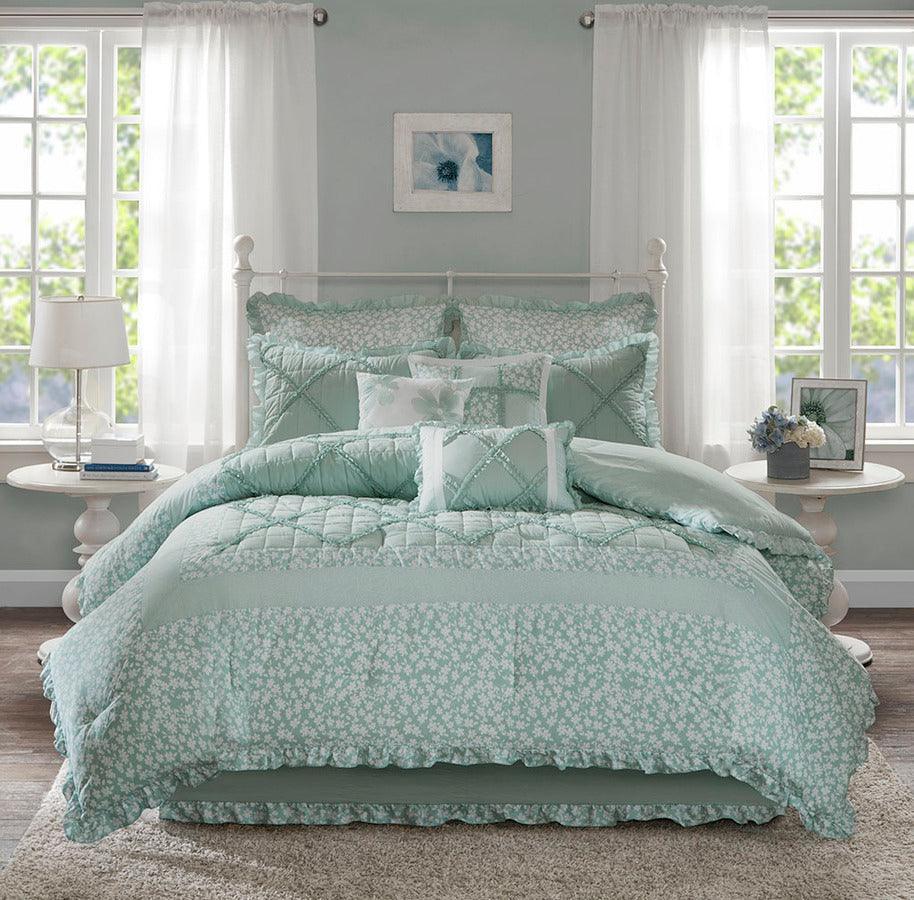 Olliix.com Comforters & Blankets - Mindy Queen 9 Piece Cotton Percale Comforter Set Seafoam