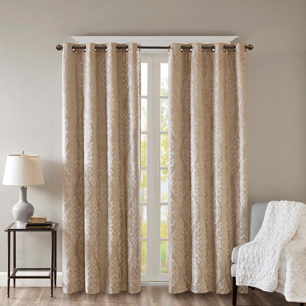 Olliix.com Curtains - Mirage 108 H Knitted Jacquard Damask Total Blackout Grommet Top Curtain Panel Champagne