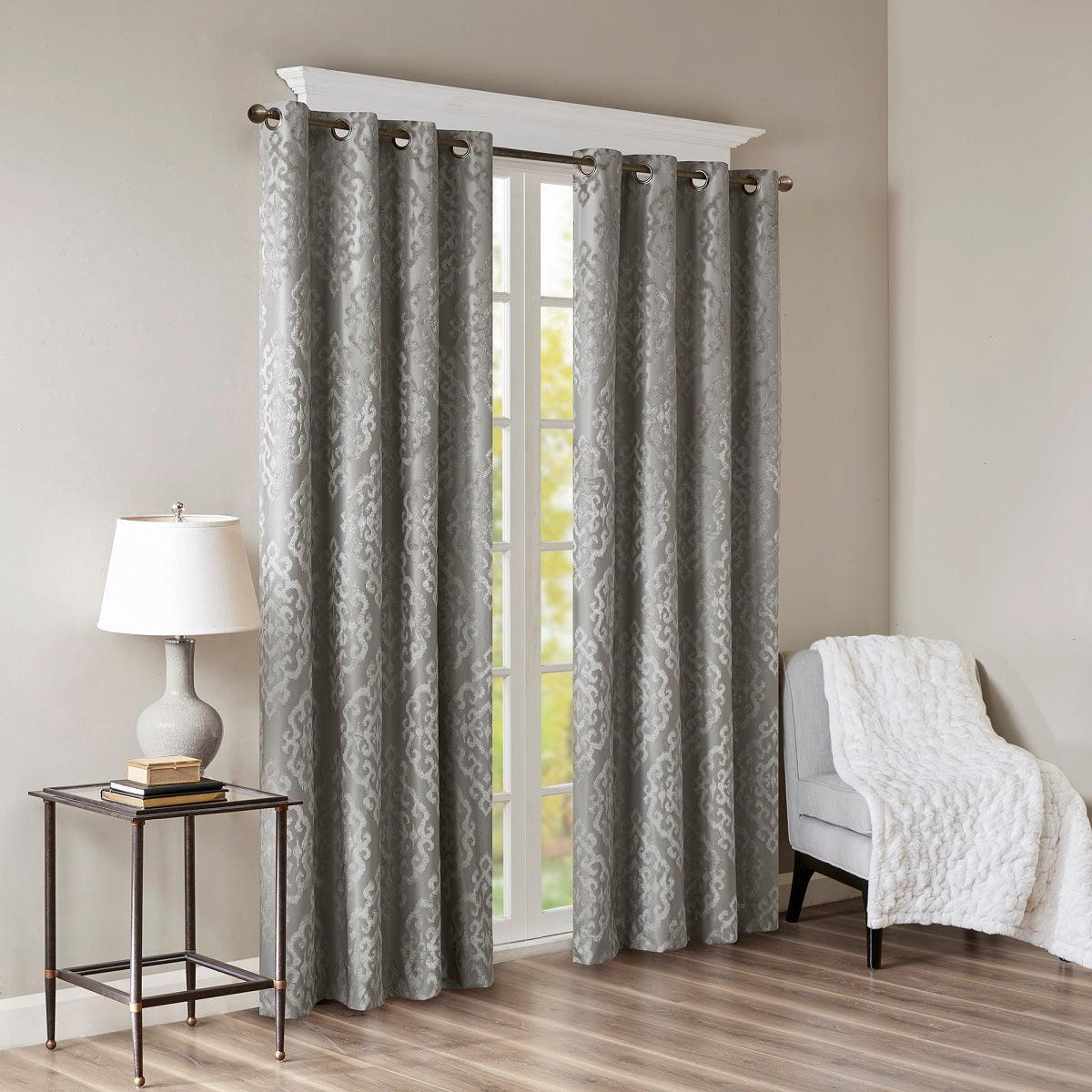 Olliix.com Curtains - Mirage 108 H Knitted Jacquard Damask Total Blackout Grommet Top Curtain Panel Charcoal