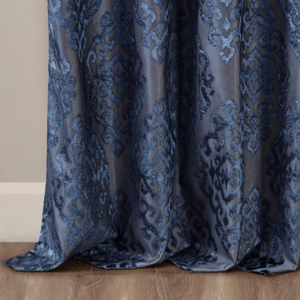 Olliix.com Curtains - Mirage 108 H Knitted Jacquard Damask Total Blackout Grommet Top Curtain Panel Navy
