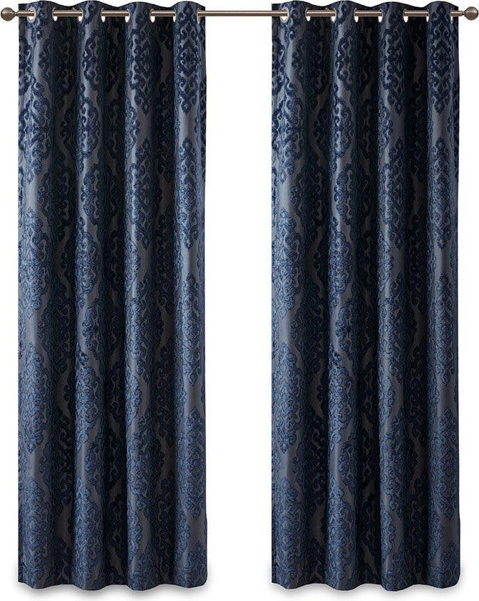 Olliix.com Curtains - Mirage 108 H Knitted Jacquard Damask Total Blackout Grommet Top Curtain Panel Navy