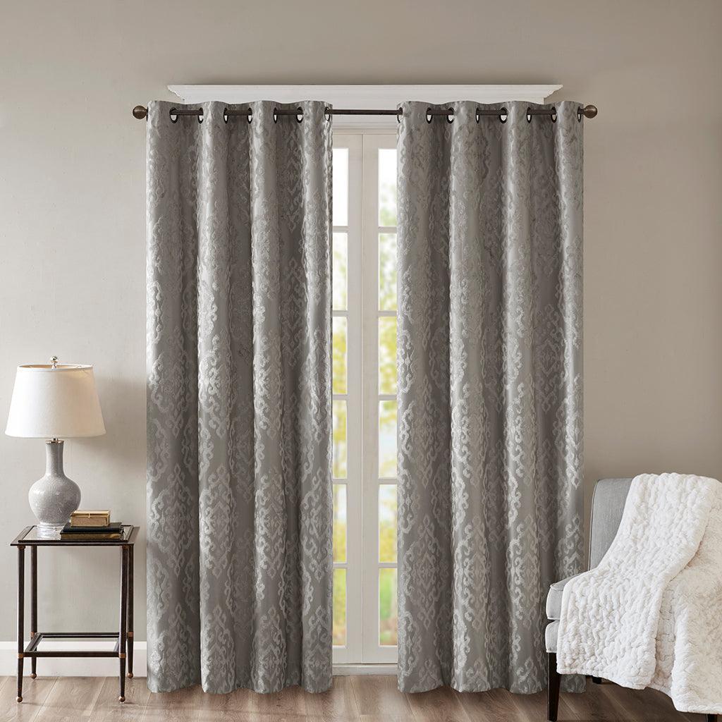Olliix.com Curtains - Mirage 84 H Knitted Jacquard Damask Total Blackout Grommet Top Curtain Panel Charcoal