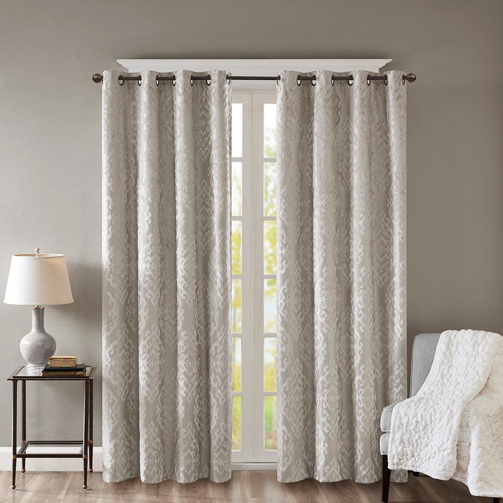 Olliix.com Curtains - Mirage 84 H Knitted Jacquard Damask Total Blackout Grommet Top Curtain Panel Gray