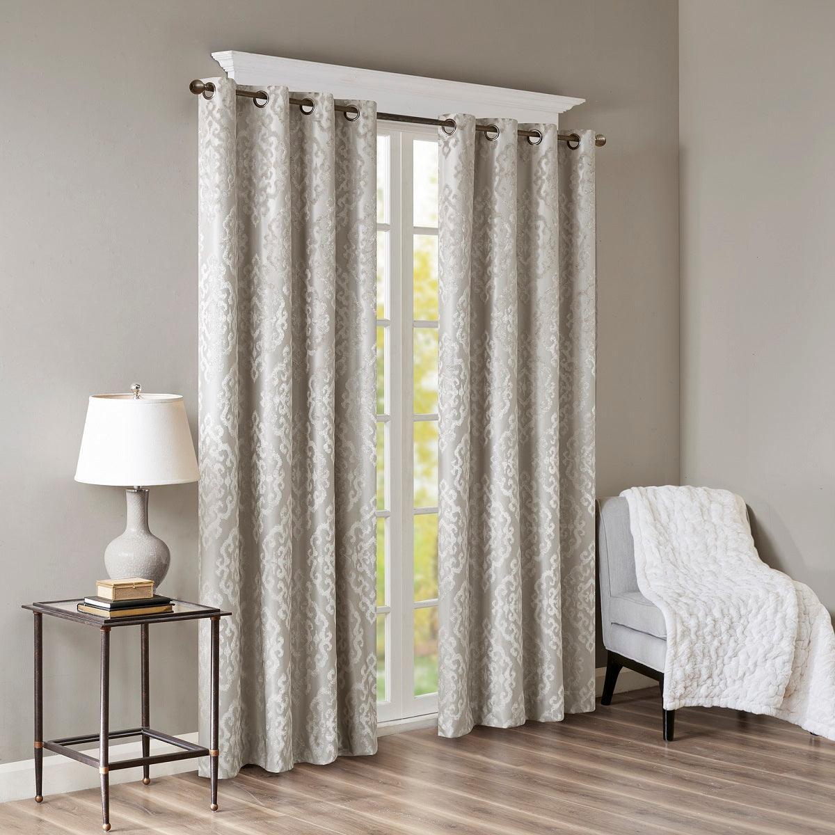 Olliix.com Curtains - Mirage 84 H Knitted Jacquard Damask Total Blackout Grommet Top Curtain Panel Gray