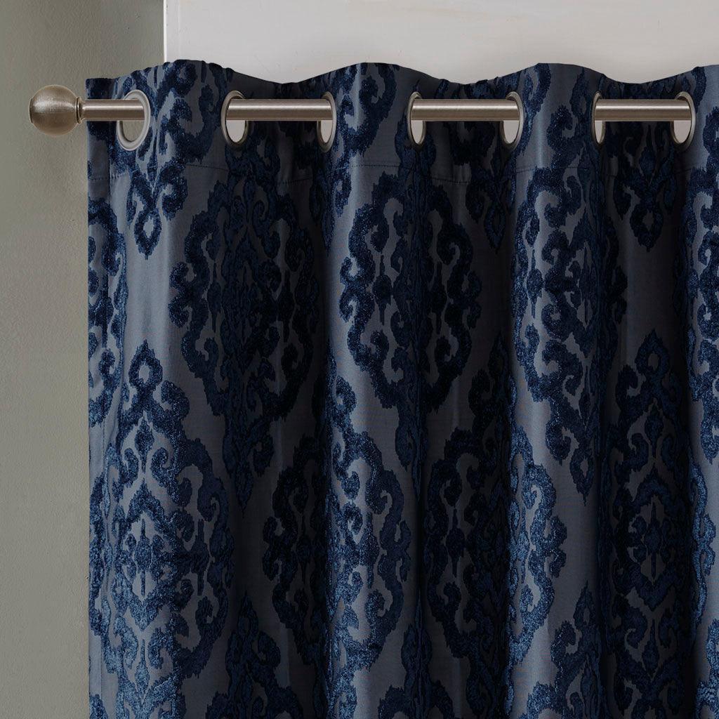 Olliix.com Curtains - Mirage 84 H Knitted Jacquard Damask Total Blackout Grommet Top Curtain Panel Navy