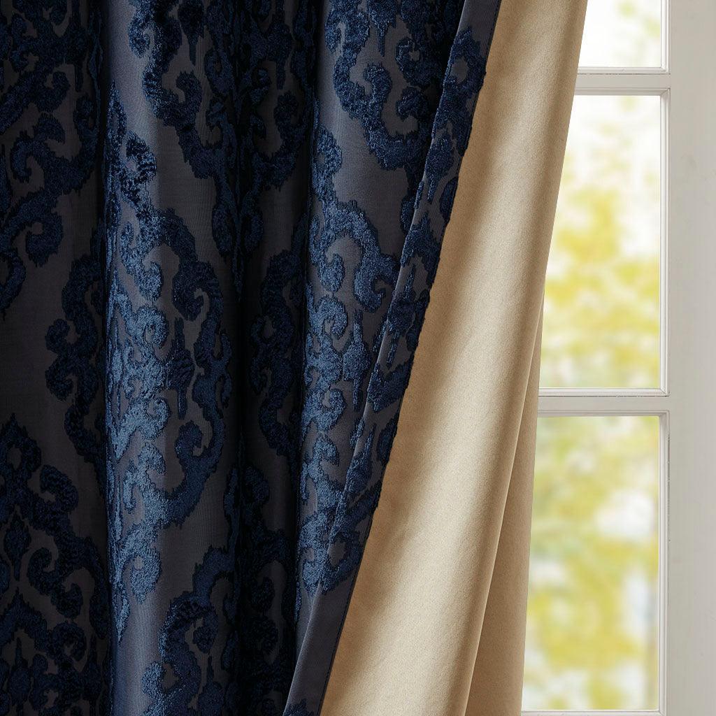 Olliix.com Curtains - Mirage 84 H Knitted Jacquard Damask Total Blackout Grommet Top Curtain Panel Navy