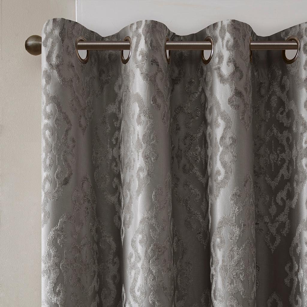 Olliix.com Curtains - Mirage 95 H Knitted Jacquard Damask Total Blackout Grommet Top Curtain Panel Charcoal