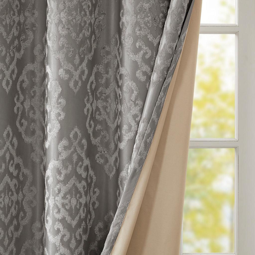 Olliix.com Curtains - Mirage 95 H Knitted Jacquard Damask Total Blackout Grommet Top Curtain Panel Charcoal