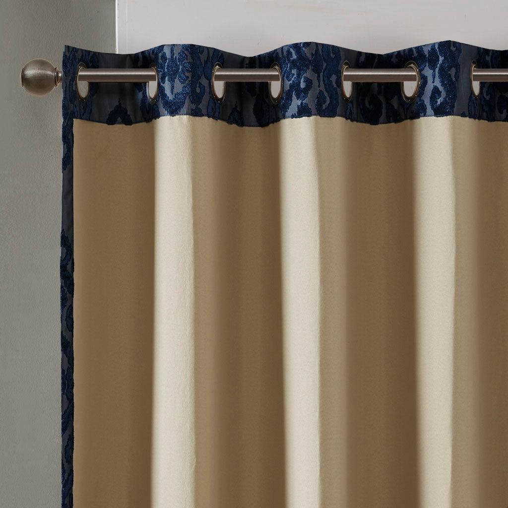Olliix.com Curtains - Mirage 95 H Knitted Jacquard Damask Total Blackout Grommet Top Curtain Panel Navy