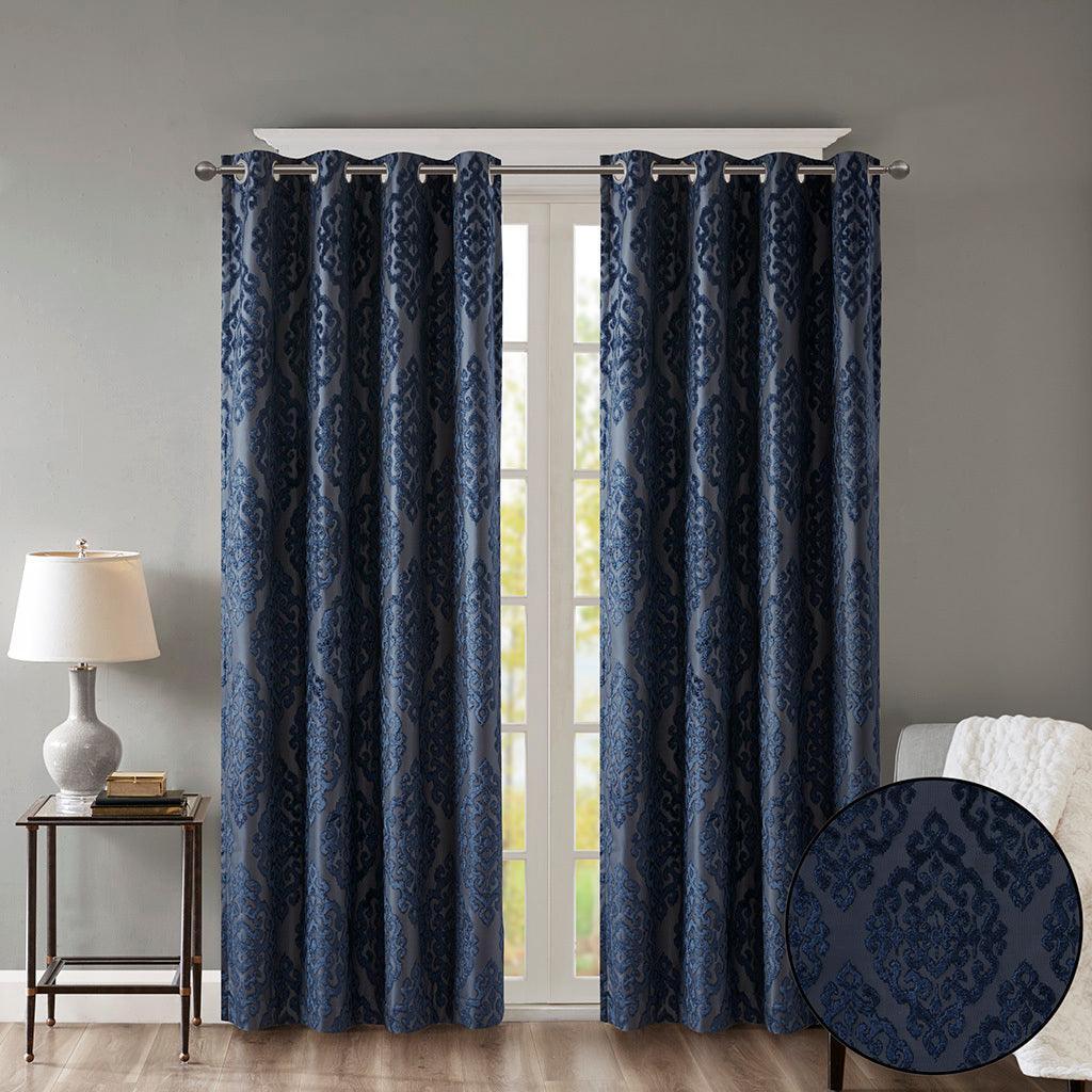 Olliix.com Curtains - Mirage 95 H Knitted Jacquard Damask Total Blackout Grommet Top Curtain Panel Navy