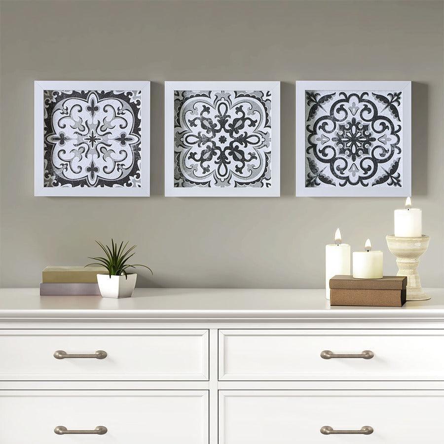 Olliix.com Wall Art - Montage Printed Distressed Tile Pattern 3 Piece Deco Box Wall Art Set Black & White