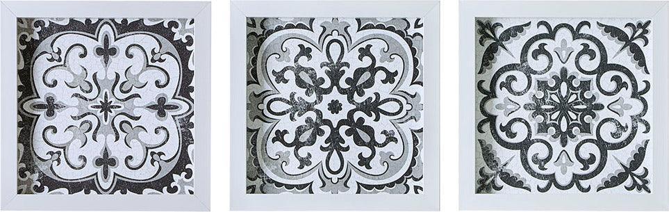 Olliix.com Wall Art - Montage Printed Distressed Tile Pattern 3 Piece Deco Box Wall Art Set Black & White