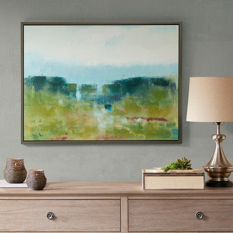 Olliix.com Wall Paintings - Morning Fields Green Hand Embellished Framed Canvas Blue