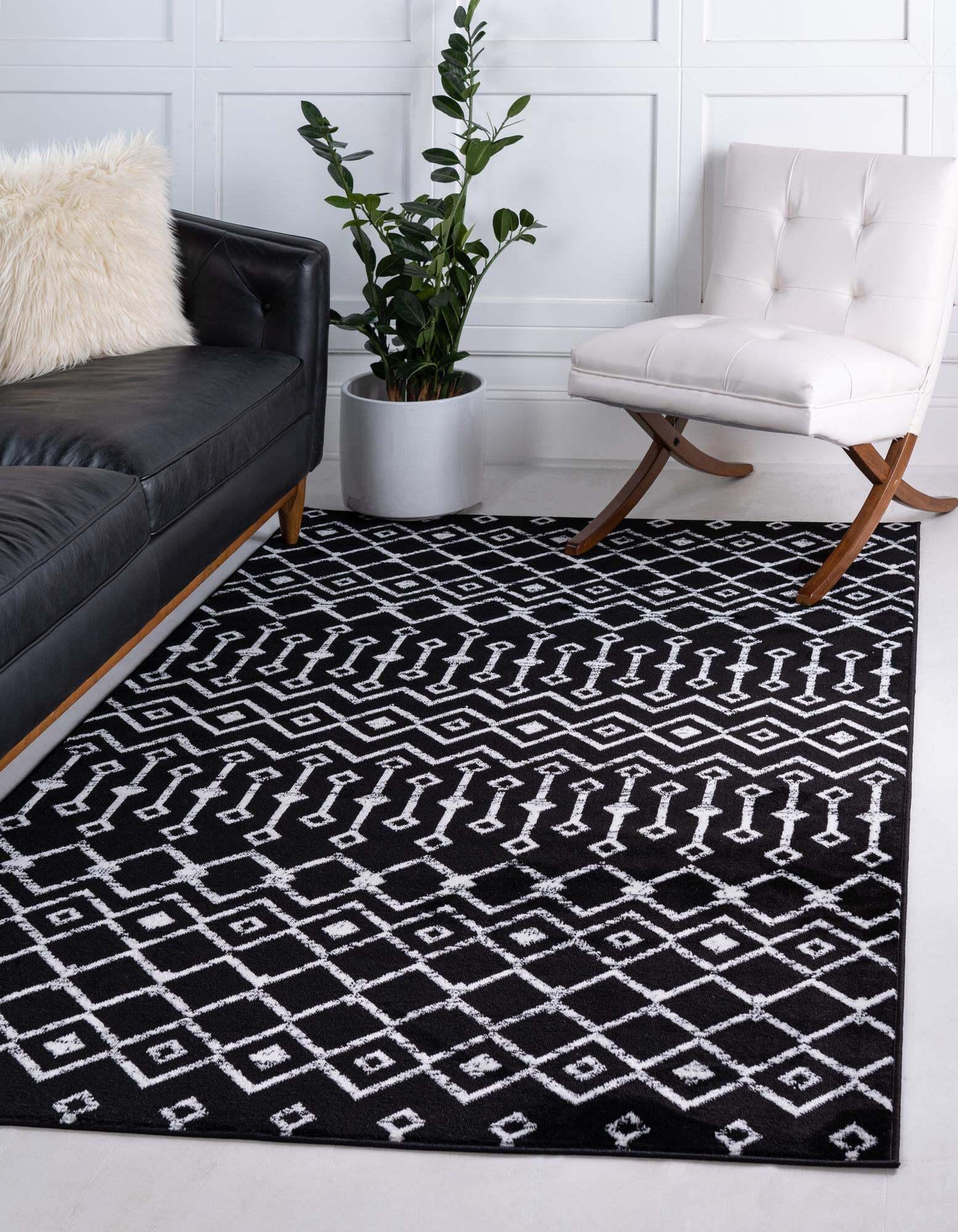 Unique Loom Indoor Rugs - Moroccan Trellis Geometric Rectangular 8x10 Rug Black & Ivory
