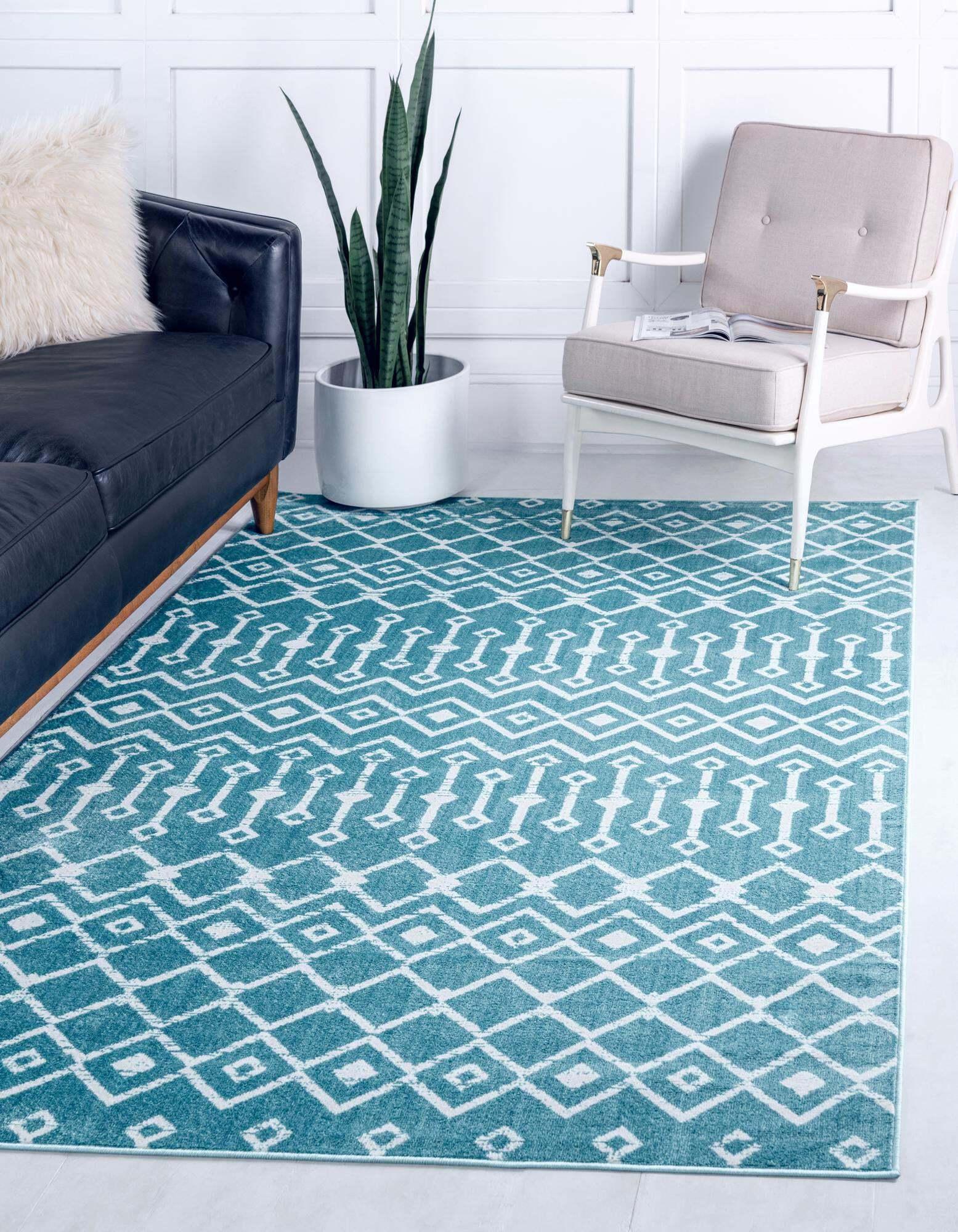 Unique Loom Indoor Rugs - Moroccan Trellis Geometric Rectangular 8x11 Rug Teal & Ivory