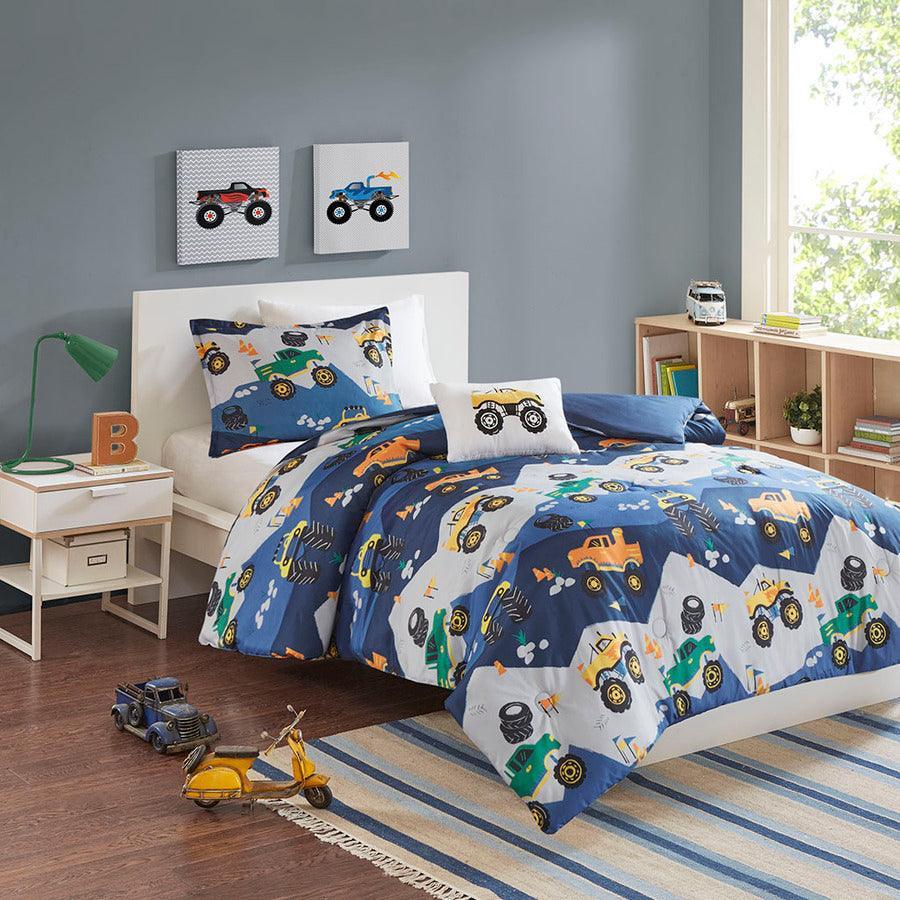 Olliix.com Comforters & Blankets - Nash Modern Monster Truck Comforter Set Blue Full/Queen