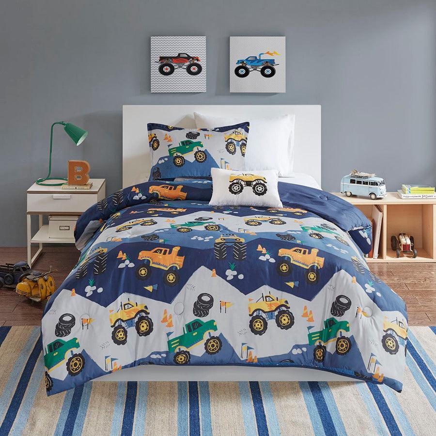 Olliix.com Comforters & Blankets - Nash Modern Monster Truck Comforter Set Blue Full/Queen