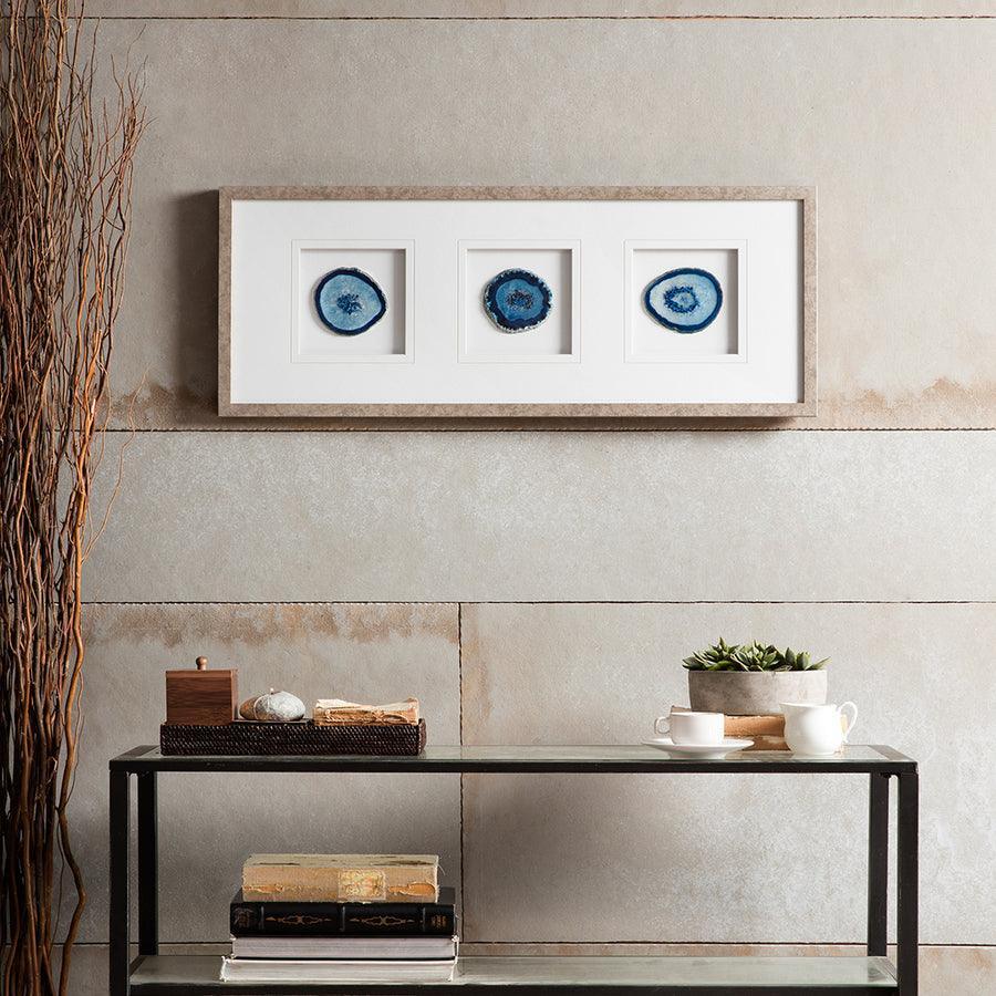 Olliix.com Wall Art - Natural Global Inspired Agate Trio 1 Real Stone Framed Graphic (4" Agate) 34x13x1.25" Blue