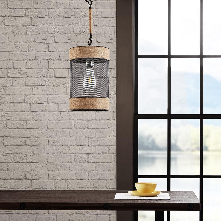 Olliix.com Ceiling Lights - Natural Rope and Metal Mesh Cylinder Pendant Natural|Black II151-0139