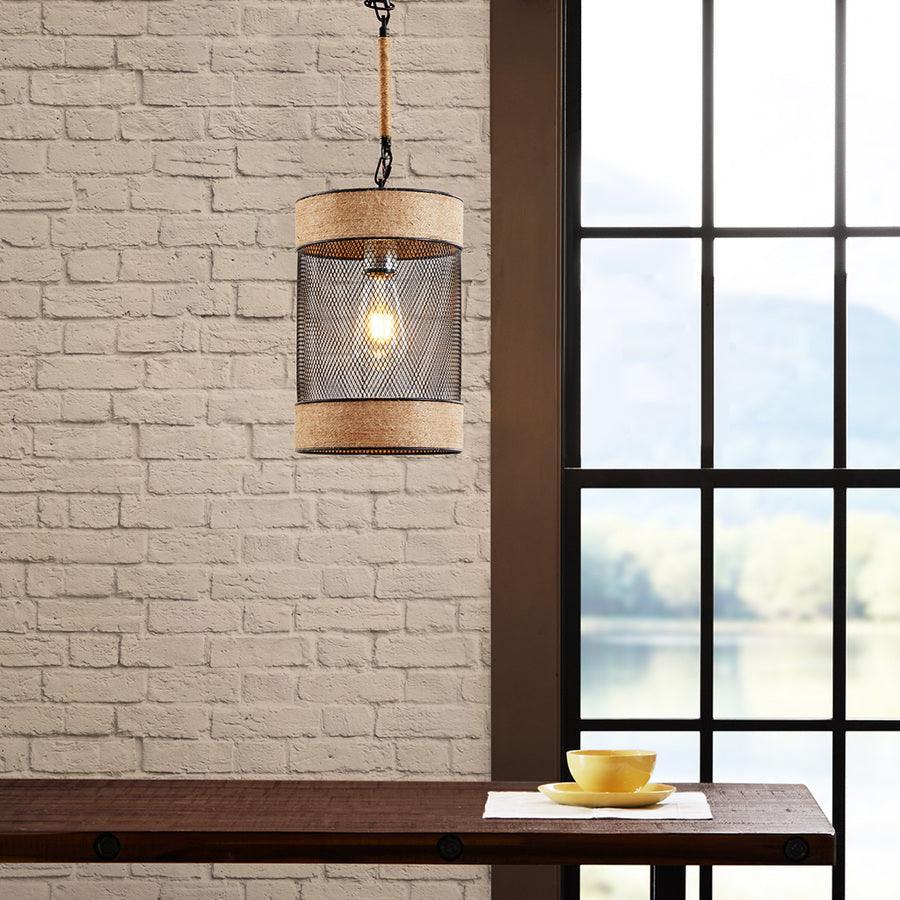 Olliix.com Ceiling Lights - Natural Rope and Metal Mesh Cylinder Pendant Natural|Black II151-0139