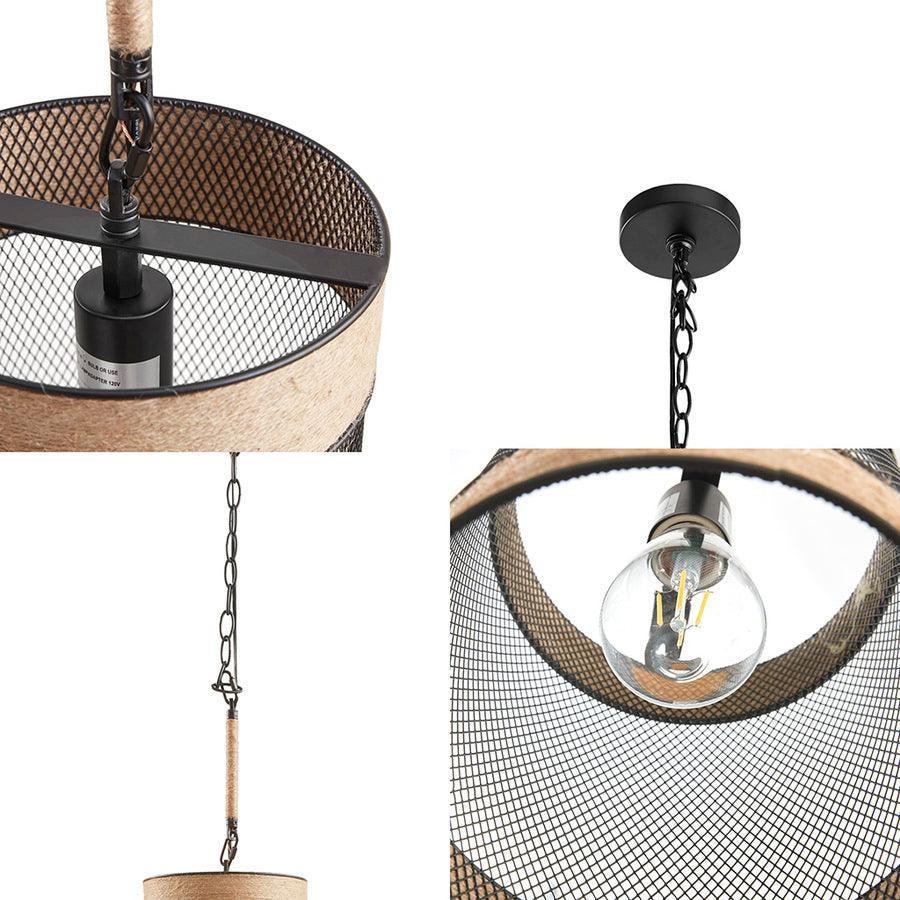 Olliix.com Ceiling Lights - Natural Rope and Metal Mesh Cylinder Pendant Natural|Black II151-0139