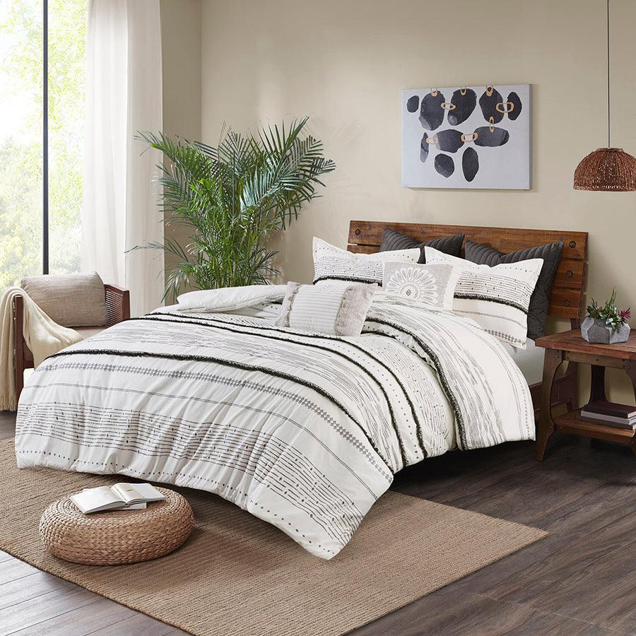Olliix.com Comforters & Blankets - Nea Cotton Printed Comforter Set with Trims Black & White Full/Queen