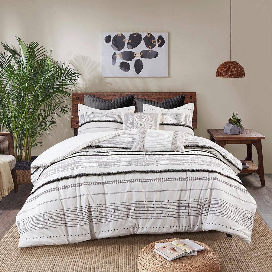 Olliix.com Comforters & Blankets - Nea Cotton Printed Comforter Set with Trims Black & White Full/Queen