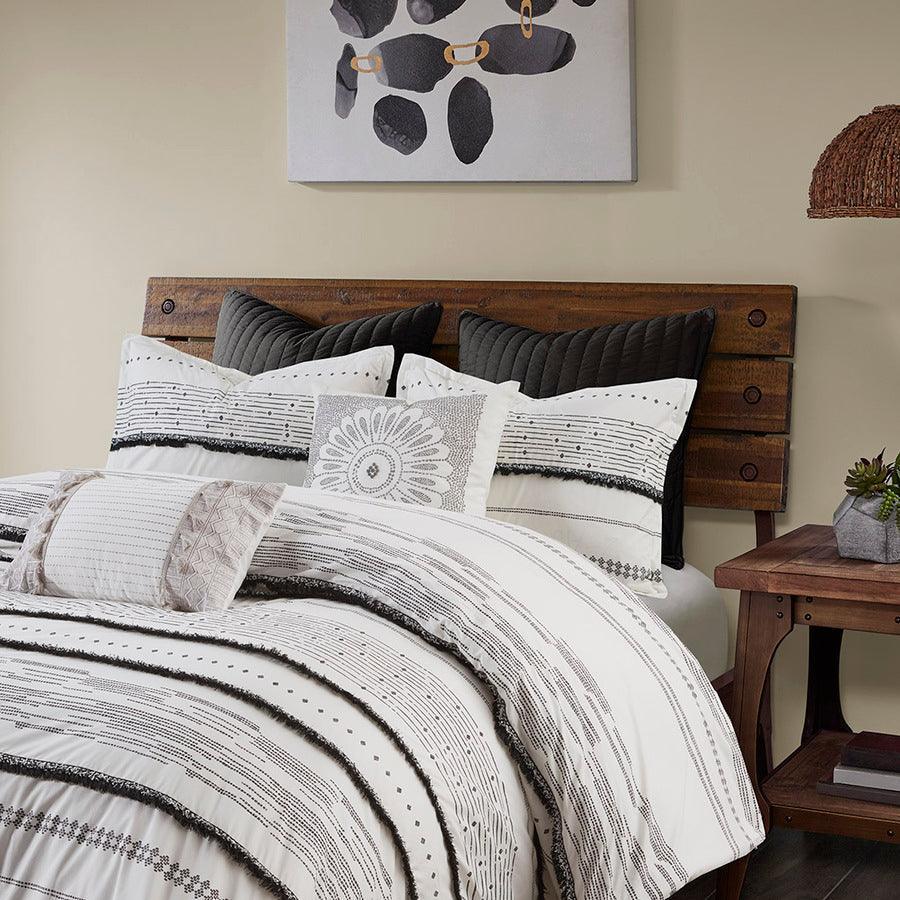 Olliix.com Comforters & Blankets - Nea Cotton Printed Comforter Set with Trims Black & White Full/Queen