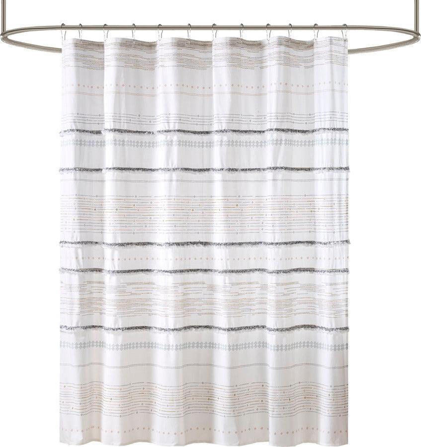 Olliix.com Shower Curtains - Nea Cotton Printed Shower Curtain with Trims Off White & Gray