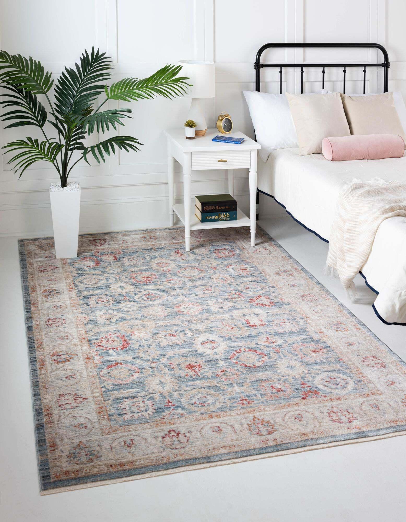 Unique Loom Indoor Rugs - Noble Floral Rectangular 8x10 Rug Blue & Beige