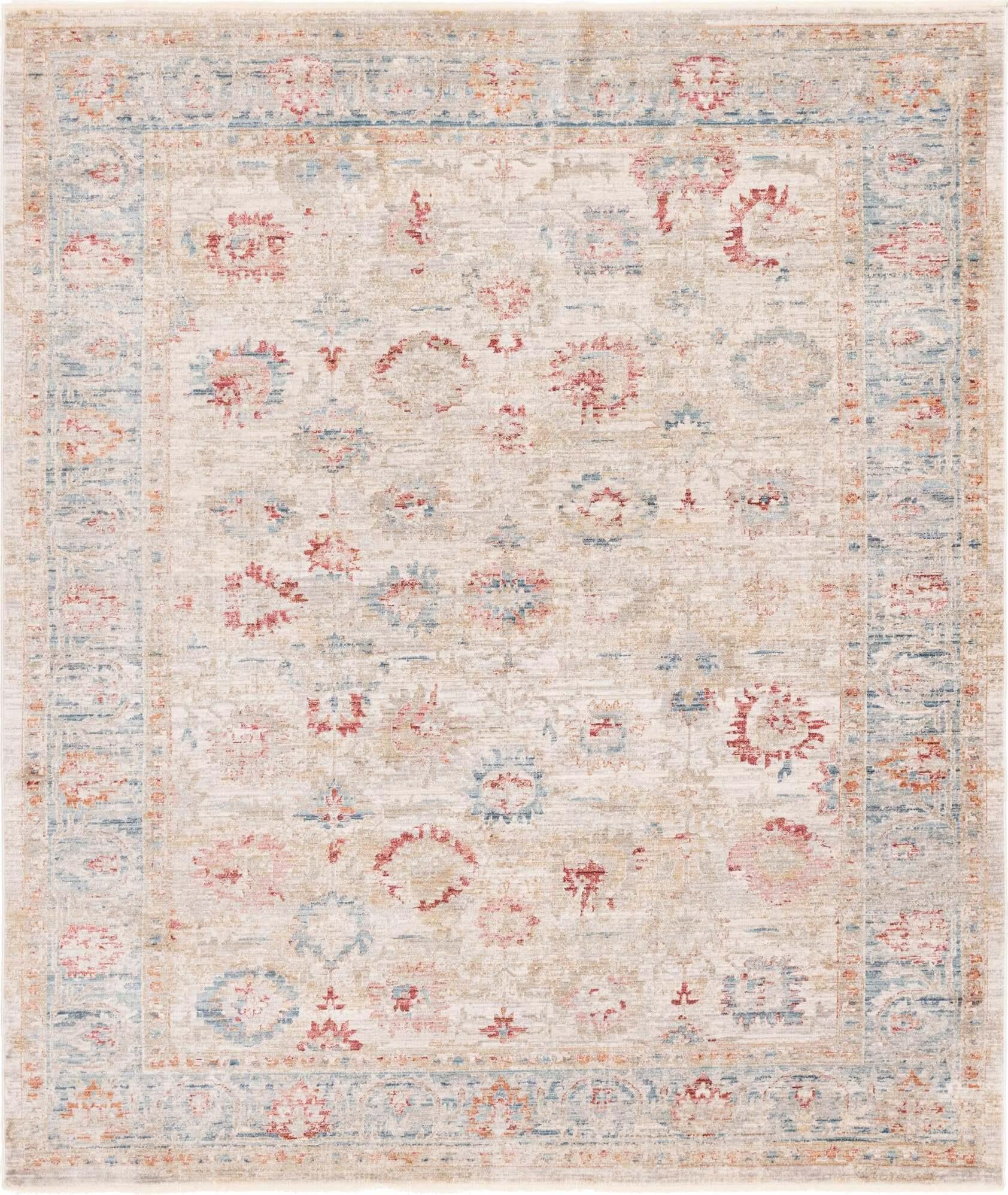 Unique Loom Indoor Rugs - Noble Floral Rectangular 8x10 Rug Ivory & Blue
