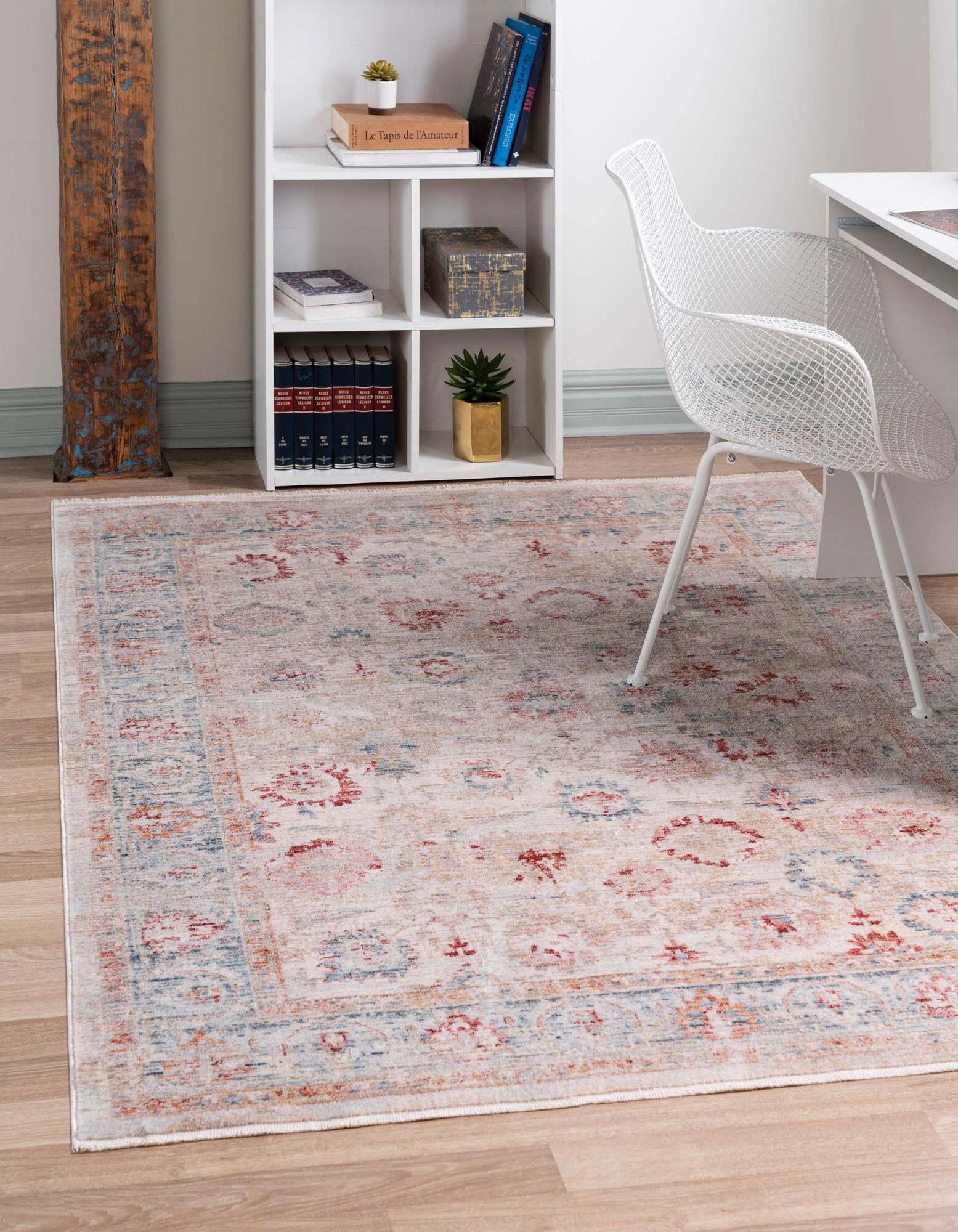 Unique Loom Indoor Rugs - Noble Floral Rectangular 8x10 Rug Ivory & Blue