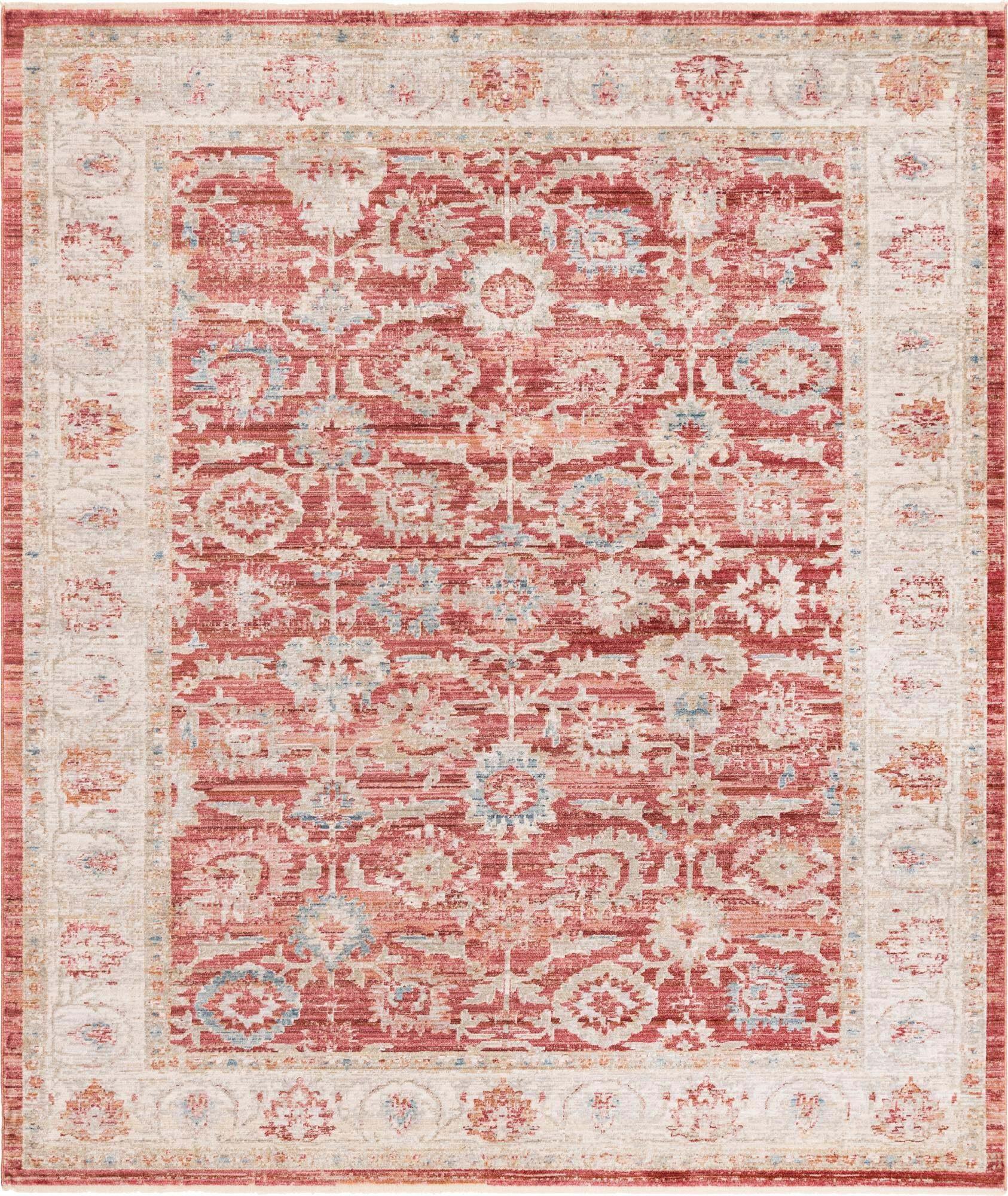 Unique Loom Indoor Rugs - Noble Floral Rectangular 8x10 Rug Red & Ivory