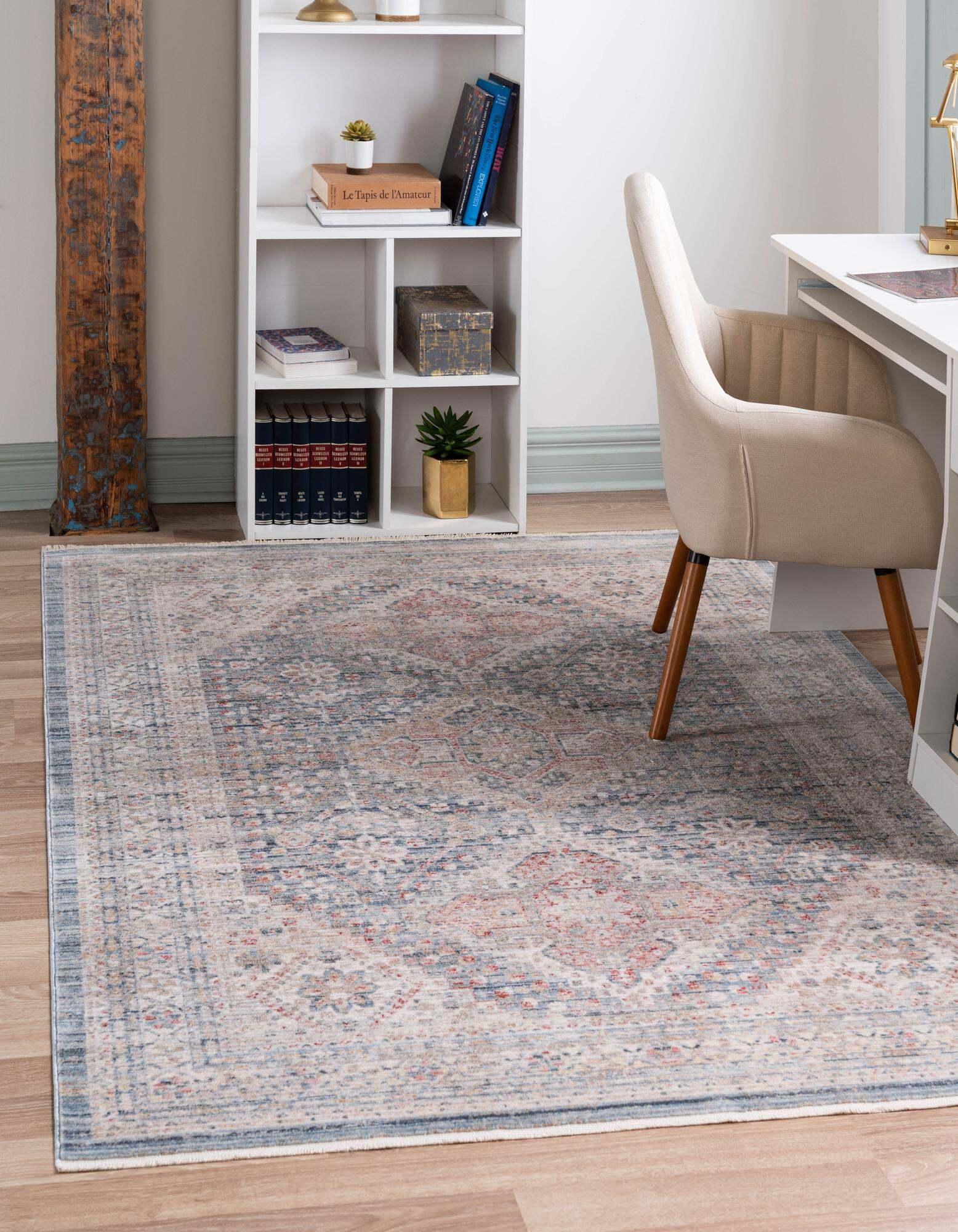 Unique Loom Indoor Rugs - Noble Medalion Border Rectangular 8x10 Rug Blue & Beige
