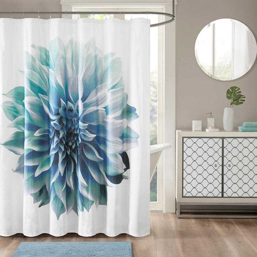 Olliix.com Shower Curtains - Norah Printed Floral Cotton Shower Curtain Aqua