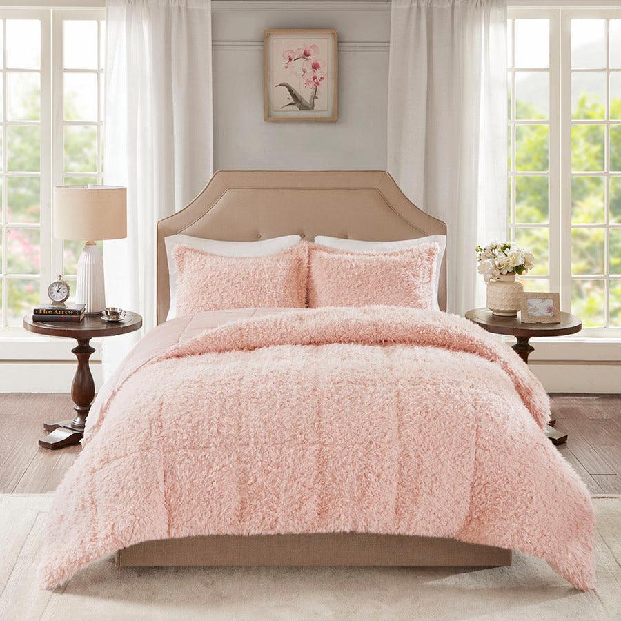Olliix.com Comforters & Blankets - Nova Modern Faux Mohair Reverse Faux Mink Comforter Set Blush King/Cal King