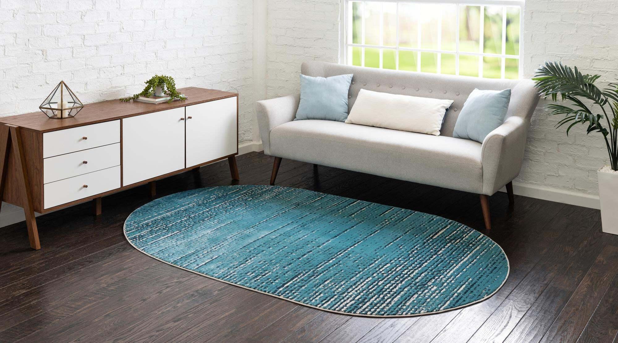 Unique Loom Indoor Rugs - Oasis Abstract Oval 8x10 Oval Rug Blue & Ivory